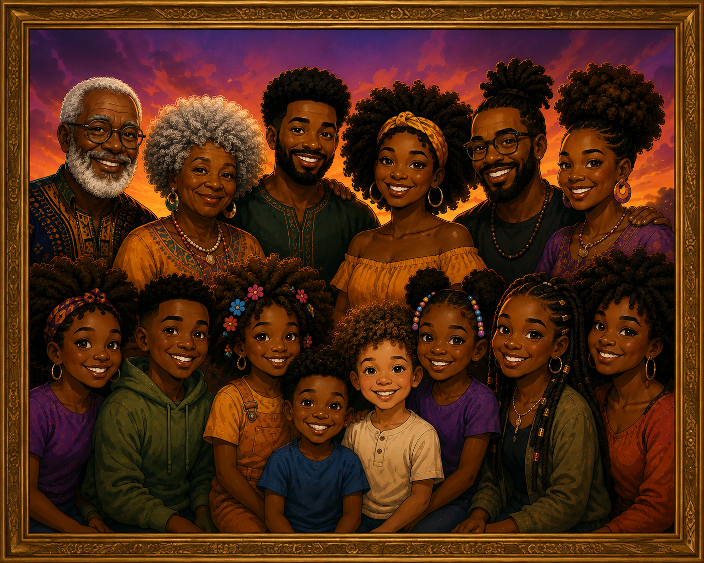 A framed portrait of a multi-generational Black family with beautiful natural hair, smiling together under a warm sunset sky